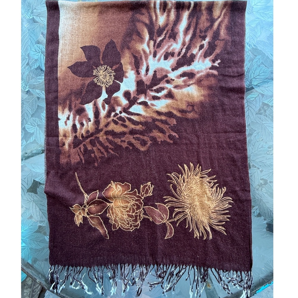 Vintage Floral Animal Print Fringed Scarf Shawl Brown Tan